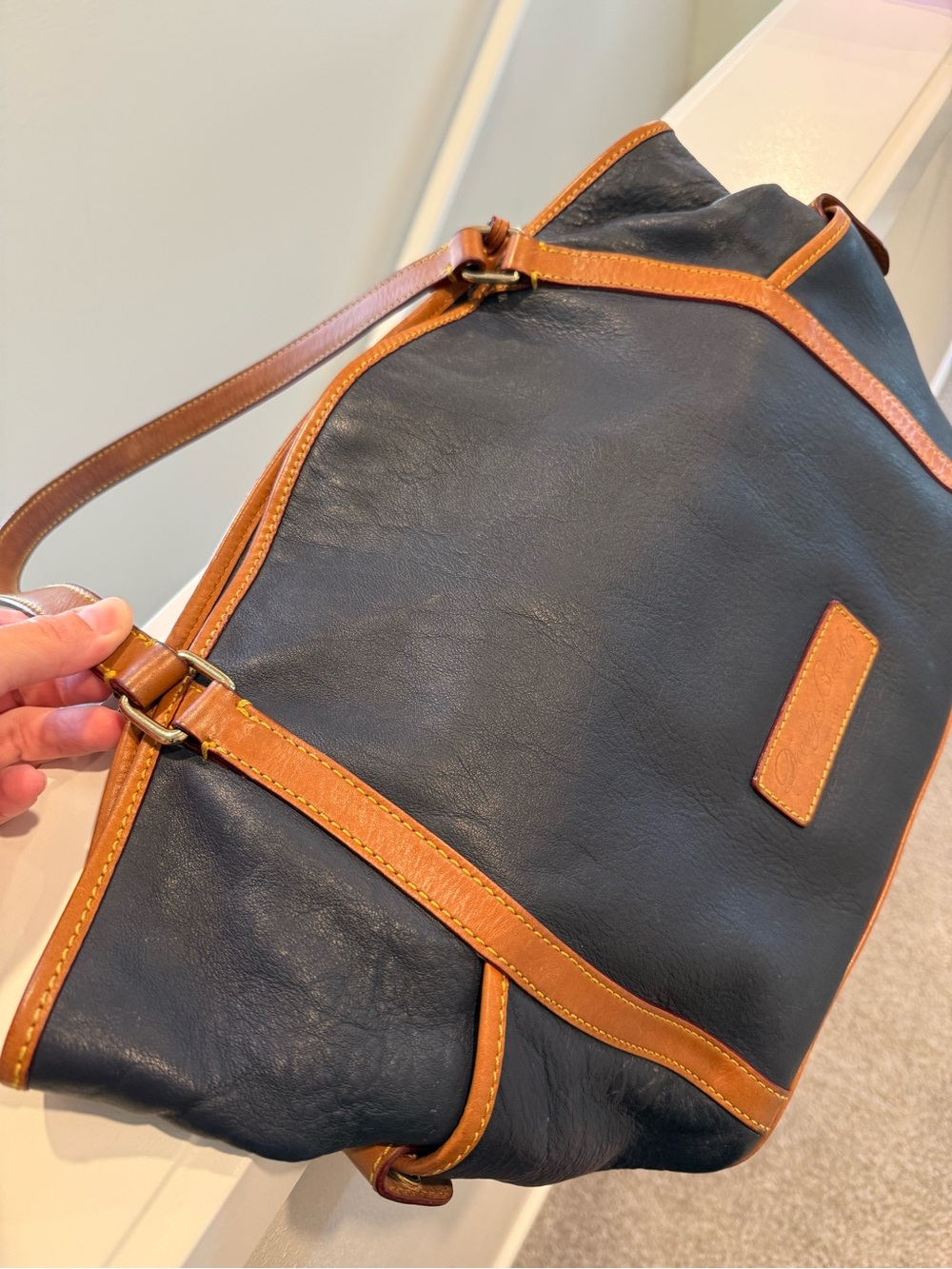 REHAB Dooney & Bourke Navy Leather Shoulder Bag with Tan Trim and Accents - Picture 13 of 13
